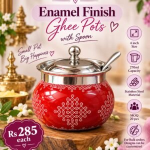 Red enamel finish ghee pot with stainless-steel lid and spoon